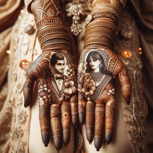 Indian Mehndi Designs with Bride and Groom Portraits